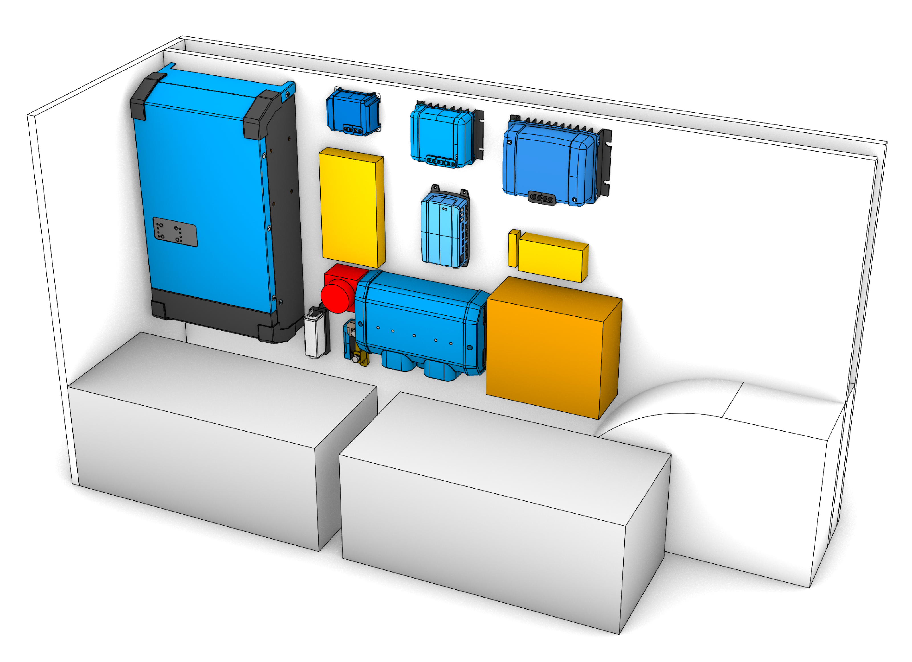3D visualisatie van de elektrische setup in de camper Ontwerp van de elektrische setup in de camper